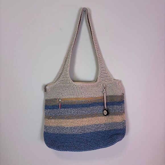 The Sak Cream and Blue Striped Knit Shoulder Purse Bag - Picture 1 of 6